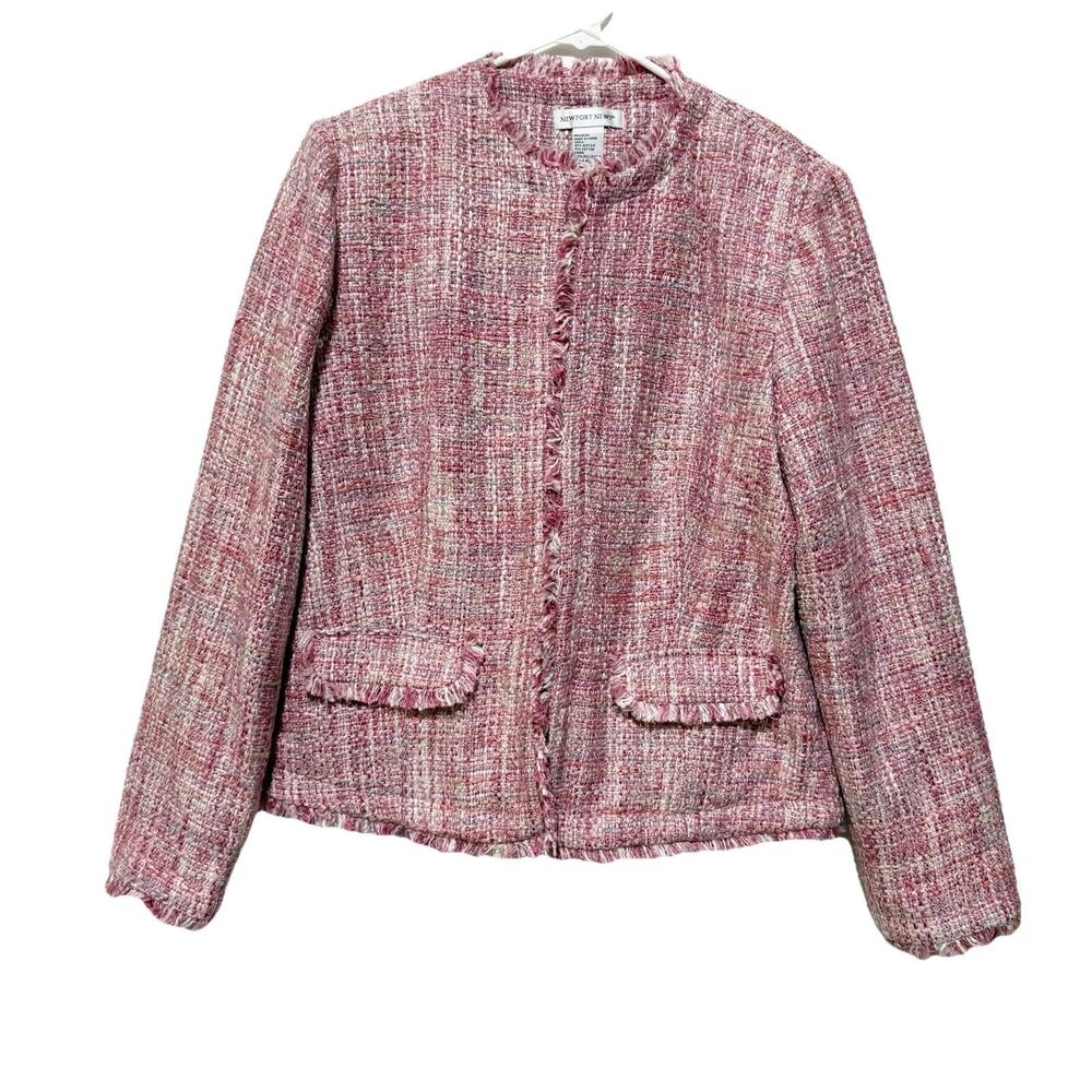 Newport News Pink Tweed Jacket Fringe Crop Blazer Women Size 14